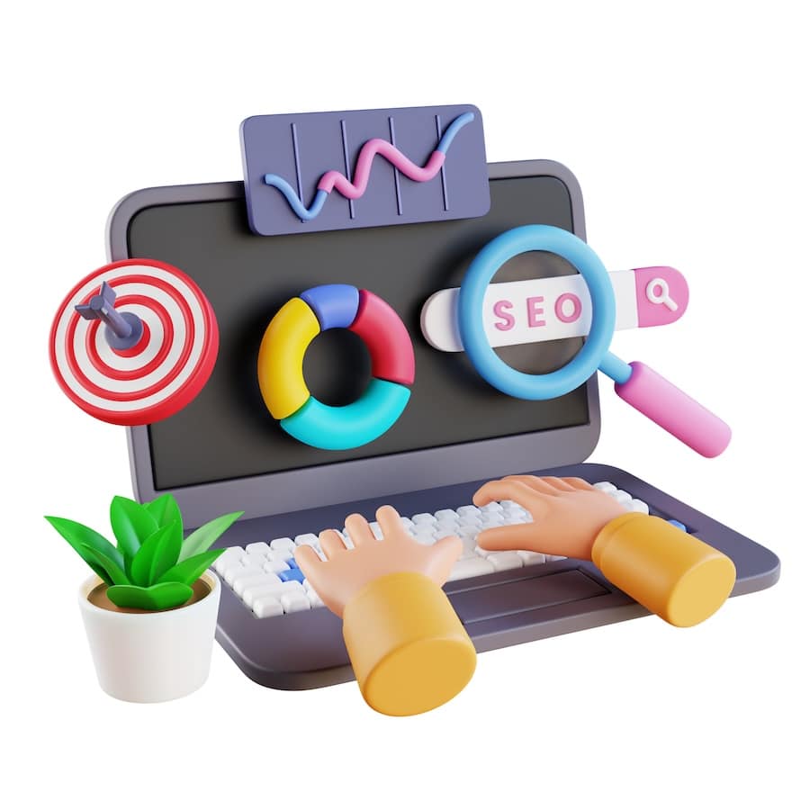 3D SEO Optimization with hand typing, web analytics and seo marketing social media concept. SEO interface for website strategy and research planing, search engine traffic. 3D rendering